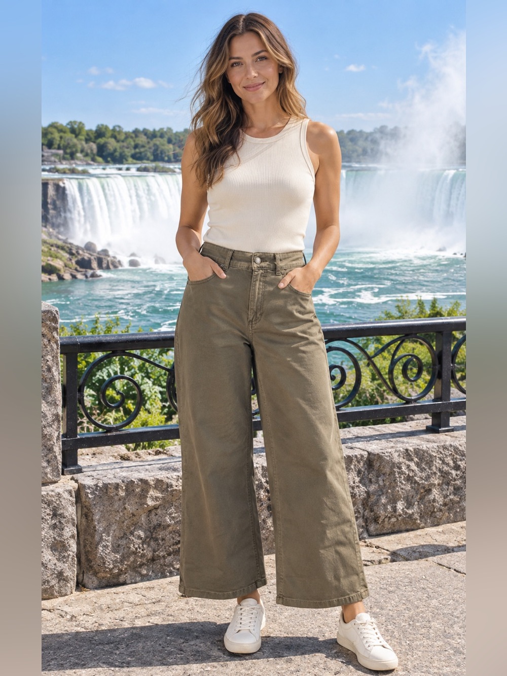 DIP Olive Green Wide Leg Cropped Pants Size 8 Cotton Stretch